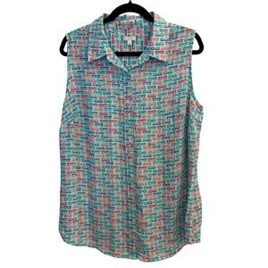 Talbots Sunglasses Novelty Print Sleeveless Button Down Blouse Blue Plus Size 1X